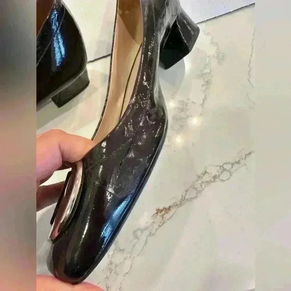 Prada Logo Black Patent Square Toe Low Block Heels Pumps Size 40 - Picture 10 of 12